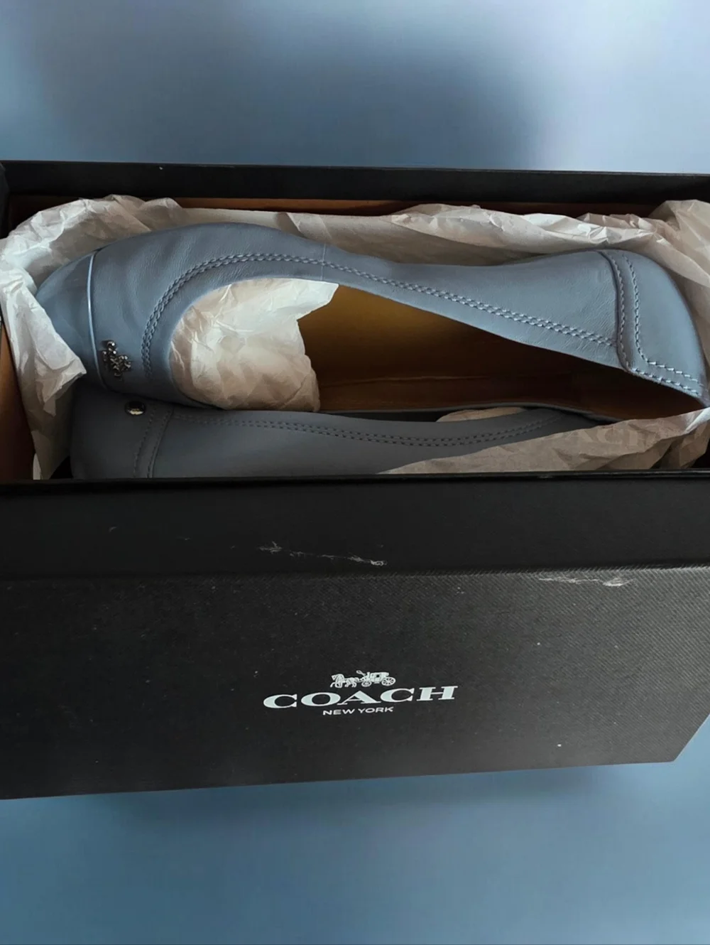 COACH (7.5B) Chelsea Light Blue Leather Cap-Toe Ballet Flats - Picture 13 of 14